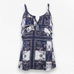 Deletta Anthropologie Blue Boho Printed Ruffle Button Front Tank Top Size Small